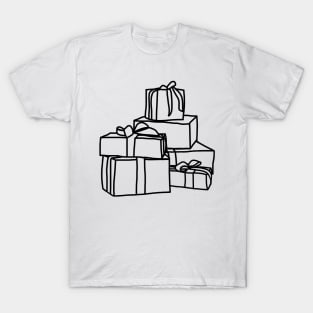 Pile of Wrapped Christmas Gift Boxes Line Drawing T-Shirt